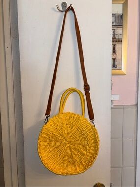 MMS Design Studio Round Yellow Woven Crossbody with Brown Strap